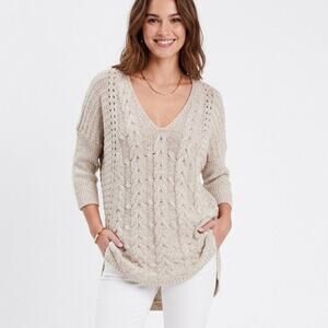 Express Women's Sweater S Cream Open Cable Knit High Low Half Sleeve V-Neck